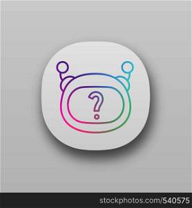 Help chatbot app icon. UI/UX user interface. FAQ chat bot. Virtual assistant. Robot face with question mark. Artificial intelligence. Web or mobile application. Vector isolated illustration. Help chatbot app icon