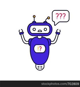 Help chatbot color icon. FAQ chat bot. Bewildered robot with question marks in speech bubble. Isolated vector illustration. Help chatbot color icon