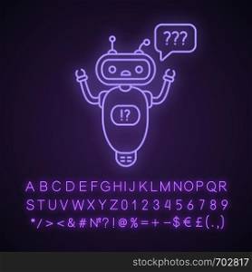 Help chatbot neon light icon. FAQ chat bot. Bewildered robot with question marks in speech bubble. Glowing sign with alphabet, numbers and symbols. Vector isolated illustration. Help chatbot neon light icon
