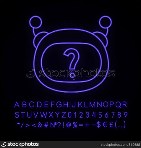 Help chatbot neon light icon. Glowing sign with alphabet, numbers and symbols. FAQ chat bot. Virtual assistant. Robot face with question mark. Artificial intelligence. Vector isolated illustration. Help chatbot neon light icon