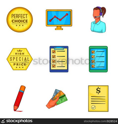 Help client support icon set. Cartoon set of 9 help client support vector icons for web design isolated on white background. Help client support icon set, cartoon style