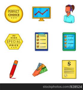 Help client support icon set. Cartoon set of 9 help client support vector icons for web design isolated on white background. Help client support icon set, cartoon style