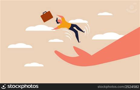 Help crisis with hand trust and entrepreneur fall. People downfall and money problems protection vector illustration concept. Finance growth leadership and rescue business with assistance investment
