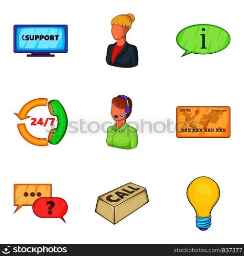 Help desk icons set. Cartoon set of 9 help desk vector icons for web isolated on white background. Help desk icons set, cartoon style