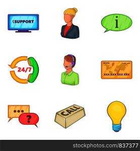 Help desk icons set. Cartoon set of 9 help desk vector icons for web isolated on white background. Help desk icons set, cartoon style