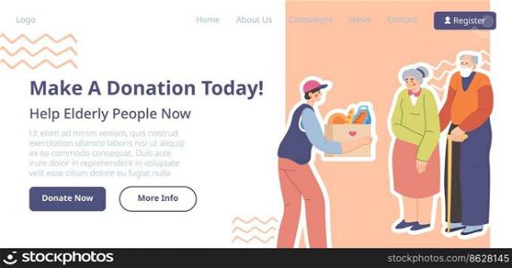 Help elderly people now, make donation today. Community giving products and meal to senior grandmother and grandfather, charity. Website landing page, online web page template. Vector in flat style. Make donation today, help elderly people fund