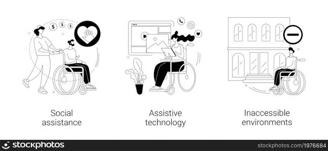 Help for disabled person abstract concept vector illustration set. Social assistance, assistive technology, inaccessible environments, caregiver support, adoptive technology, access abstract metaphor.. Help for disabled person abstract concept vector illustrations.