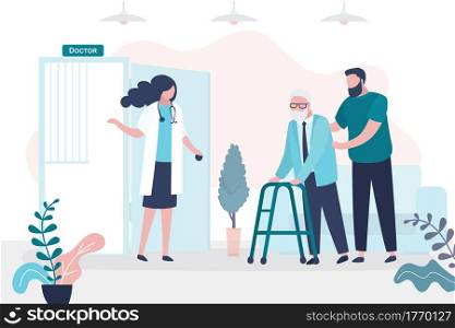Help for elderly people. Volunteer or son brought grandfather to doctor&rsquo;s appointment. Concept of geriatric care. Hospital visit, medical facility and nurse with patient. Flat vector illustration. Help for elderly people. Volunteer or son brought grandfather to doctor&rsquo;s appointment. Concept of geriatric care