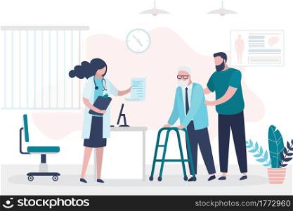 Help for elderly people. Volunteer or son brought grandfather to doctor&rsquo;s appointment. Concept of geriatric care. Hospital visit, medical facility and nurse with patient. Flat vector illustration. Help for elderly people. Volunteer or son brought grandfather to doctor&rsquo;s appointment.