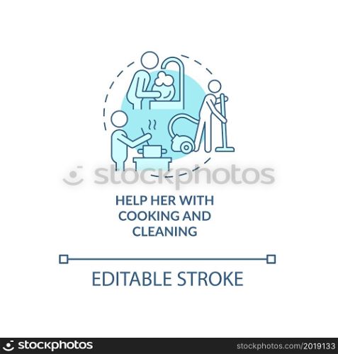 Help her with cooking and cleaning blue concept icon. Support during pregnancy abstract idea thin line illustration. Maintaining clean house. Vector isolated outline color drawing. Editable stroke. Help her with cooking and cleaning blue concept icon