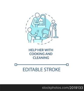 Help her with cooking and cleaning blue concept icon. Support during pregnancy abstract idea thin line illustration. Maintaining clean house. Vector isolated outline color drawing. Editable stroke. Help her with cooking and cleaning blue concept icon