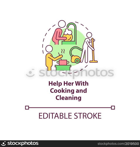 Help her with cooking and cleaning concept icon. Partner support during pregnancy abstract idea thin line illustration. Household chores. Vector isolated outline color drawing. Editable stroke. Help her with cooking and cleaning concept icon