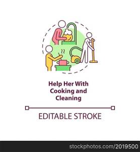 Help her with cooking and cleaning concept icon. Partner support during pregnancy abstract idea thin line illustration. Household chores. Vector isolated outline color drawing. Editable stroke. Help her with cooking and cleaning concept icon