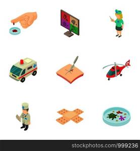 Help of doctor icons set. Isometric set of 9 help of doctor vector icons for web isolated on white background. Help of doctor icons set, isometric style