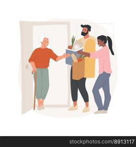 Help seniors isolated cartoon vector illustration. Family bringing food to an old lady, volunteers life, personal growth, having a purpose, collective aid to aged people vector cartoon.. Help seniors isolated cartoon vector illustration.