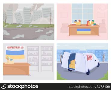 Help ukrainian refugees flat color vector illustration set. Humanitarian aid. Widespread devastation and volunteer center 2D simple cartoon cityscapes and interiors collection. Bebas Neue font used. Help ukrainian refugees flat color vector illustration set