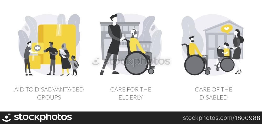 Help vulnerable people abstract concept vector illustration set. Aid to disadvantaged groups, care for elderly and disabled, volunteer help, retired people, nursing home, shelter abstract metaphor.. Help vulnerable people abstract concept vector illustrations.