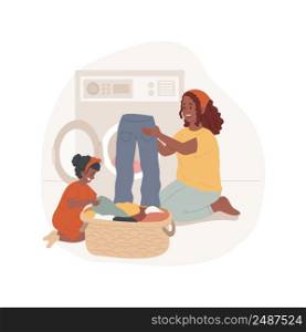 Help with laundry isolated cartoon vector illustration. Kids helping mom with laundry, mother and child loading washing machine together, family daily routine, house work vector cartoon.. Help with laundry isolated cartoon vector illustration.