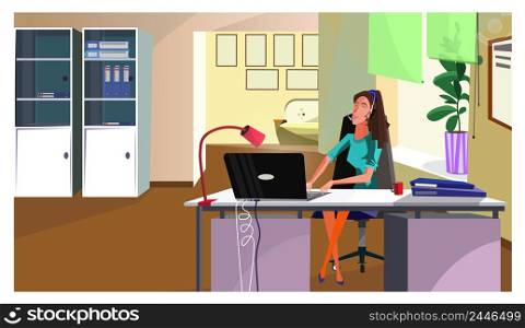 Helpdesk operator answering call vector illustration. Positive female manager in headset talking to customer in office. Office administrator concept