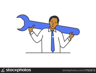 Helpesk service centre concept. Man holding a large wrench. Limited colour flat vector illustration.