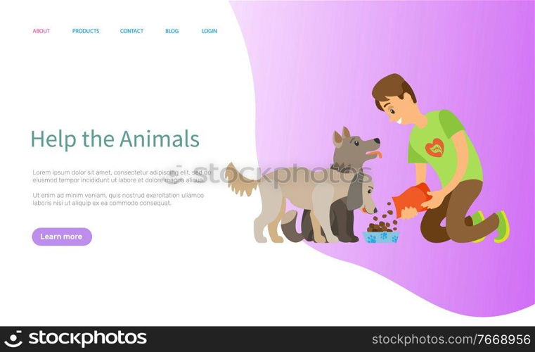 Helping animals vector, volunteer with food for dog, male feeding doggy visiting in shelter for pets. Bowl with snacks, volunteering and care. Website or slider app, landing page flat style. Helping Animals, Volunteering Man Feeding Pet