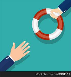 Helping Business concept. Businessman holding a lifebuoy in hand. To give help to the drowning man, metaphor. Vector illustration flat design.. Helping Business concept.