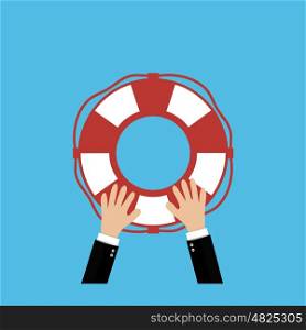 Helping Business to survive. Drowning businessman lifebuoy from another