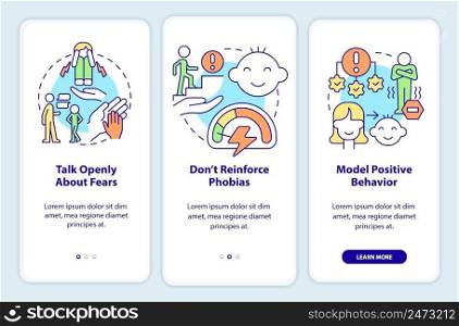 Helping child onboarding mobile app screen. Overcome phobias walkthrough 3 steps graphic instructions pages with linear concepts. UI, UX, GUI template. Myriad Pro-Bold, Regular fonts used. Helping child onboarding mobile app screen