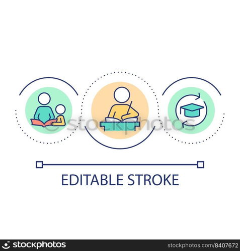 Helping child with homework loop concept icon. Parent-kid interaction abstract idea thin line illustration. Improving academic performance. Isolated outline drawing. Editable stroke. Arial font used. Helping child with homework loop concept icon