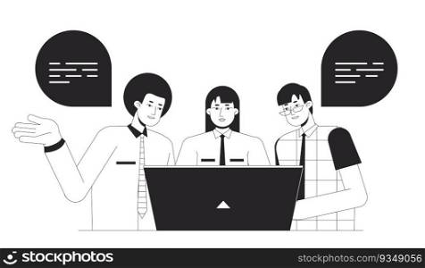 Helping colleague bw concept vector spot illustration. Coworkers working together 2D cartoon flat line monochromatic characters for web UI design. Collaboration editable isolated outline hero image. Helping colleague bw concept vector spot illustration