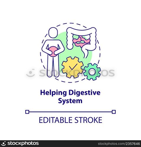Helping digestive system concept icon. Improve digestion. Healthy diet advantages abstract idea thin line illustration. Isolated outline drawing. Editable stroke. Arial, Myriad Pro-Bold fonts used. Helping digestive system concept icon