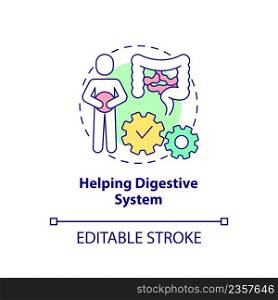 Helping digestive system concept icon. Improve digestion. Healthy diet advantages abstract idea thin line illustration. Isolated outline drawing. Editable stroke. Arial, Myriad Pro-Bold fonts used. Helping digestive system concept icon