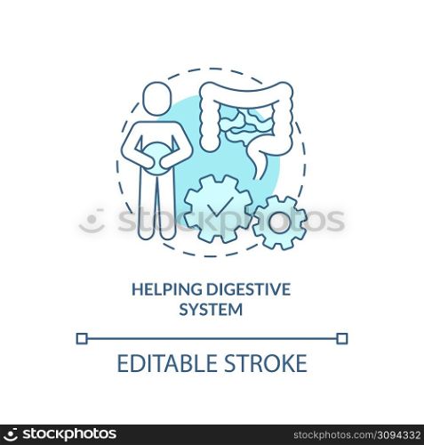 Helping digestive system turquoise concept icon. Healthy diet advantages abstract idea thin line illustration. Isolated outline drawing. Editable stroke. Arial, Myriad Pro-Bold fonts used. Helping digestive system turquoise concept icon