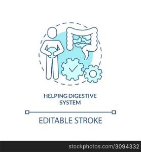 Helping digestive system turquoise concept icon. Healthy diet advantages abstract idea thin line illustration. Isolated outline drawing. Editable stroke. Arial, Myriad Pro-Bold fonts used. Helping digestive system turquoise concept icon