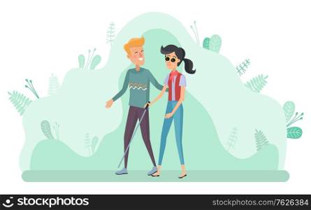Helping disabled people vector, man with woman holding stick. Blind female character walking with male personage. Nature with greenery and leaves. Flat cartoon. Man Helping Blind Woman with Stick to Walk Vector