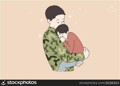 Helping hand and brothers concept. Elderly brother standing holding his young small brother on hands trying to comfort him vector illustration. Helping hand and brothers concept.