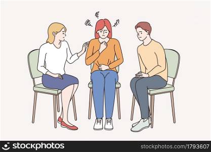 Helping hand and Depression concept. Group of young friends sitting and consoling Young depressed sad frustrated teen girl vector illustration . Helping hand and Depression concept