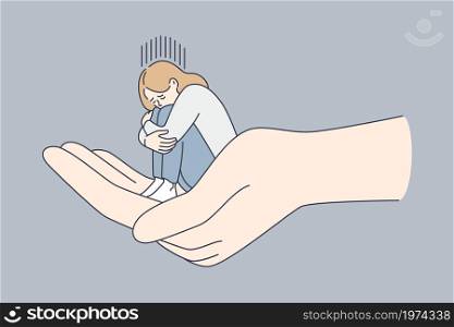 Helping hand and depression concept. Huge human hand holding tiny sitting depressed unhappy sad woman over grey background vector illustration . Helping hand and depression concept.