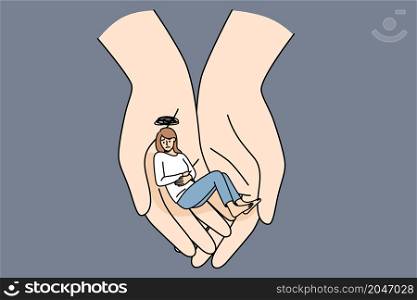 Helping hand and depression concept. Human hands holding sad depressed tine sad girl having heavy thoughts in hand thinking vector illustration . Helping hand and depression concept.