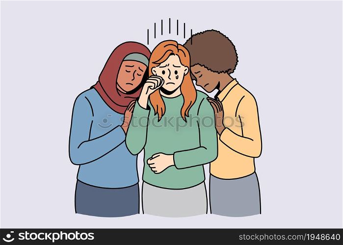 Helping hand and mixed race friendship concept. Arabian and african girls standing hugging and supporting depressed crying caucasian friend vector illustration. Helping hand and mixed race friendship concept