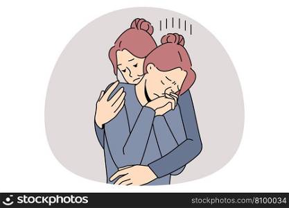 Helping hand and support concept. Sister or friend embracing sad depressed tine sad girl having heavy thoughts feeling sad and disappointed vector illustration. Helping hand and support concept.