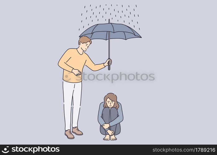 Helping hand and support concept. Young man cartoon character holding umbrella above sad frustrated depressed girl sitting on floor on rainy day vector illustration . Helping hand and support concept