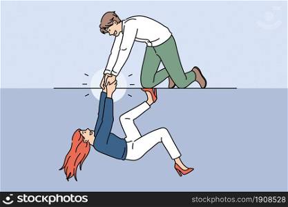 Helping hand and support concept. Young smiling man cartoon character sitting on knees giving hand to woman helping her to climb up vector illustration . Helping hand and support concept