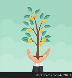 Helping Hand. Money Tree, Financial Growth Flat Concept Vector Illustration EPS10