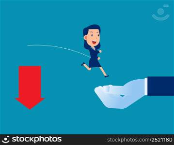 Helping hand rescuing business person. Arrow falling from downward