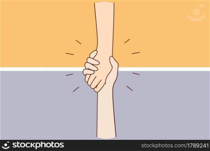 Helping hand, support, assistance concept. Hand of unrecognizable person holding another hand falling down helping supporting vector illustration . Helping hand, support, assistance concept
