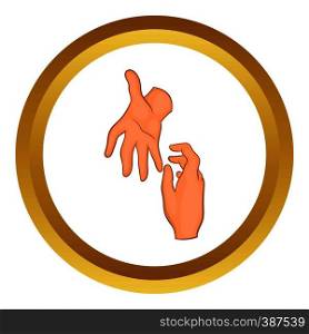 Helping hand vector icon in golden circle, cartoon style isolated on white background. Helping hand vector icon
