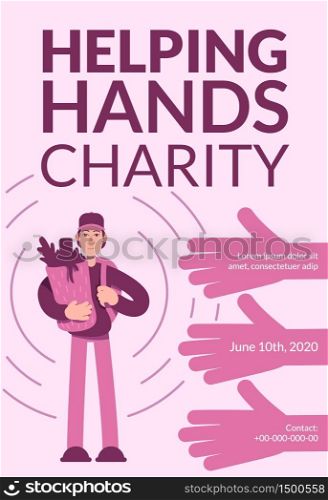 Helping hands charity poster flat vector template. Volunteering services. Brochure, booklet one page concept design with cartoon characters. Food free delivery. Caregiving flyer, leaflet. Helping hands charity poster flat vector template