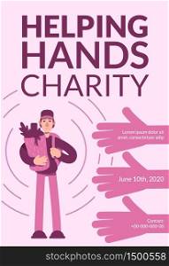 Helping hands charity poster flat vector template. Volunteering services. Brochure, booklet one page concept design with cartoon characters. Food free delivery. Caregiving flyer, leaflet. Helping hands charity poster flat vector template