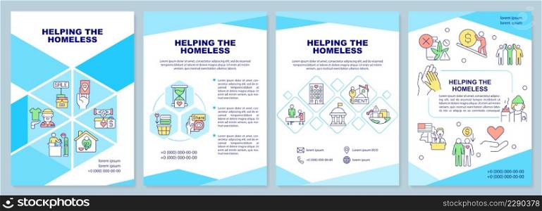Helping homeless people turquoise brochure template. Supportive program. Leaflet design with linear icons. 4 vector layouts for presentation, annual reports. Arial-Black, Myriad Pro-Regular fonts used. Helping homeless people turquoise brochure template